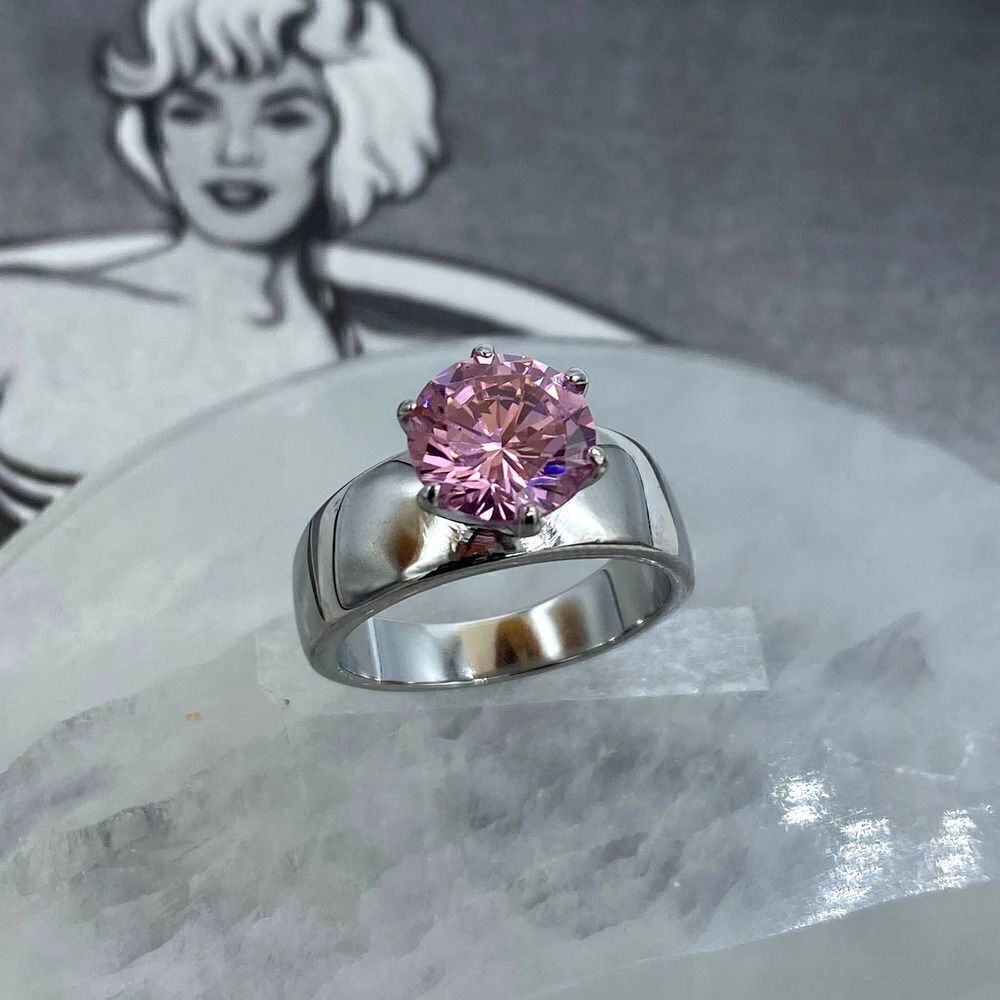 Pink CZ Solitaire Stainless Steel Ring Sizes 6,7,8,9